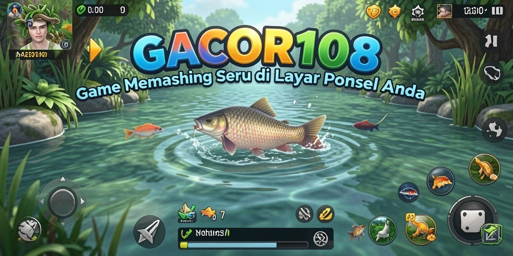 Tampilan gameplay GACOR108 dengan berbagai lokasi memancing yang indah.