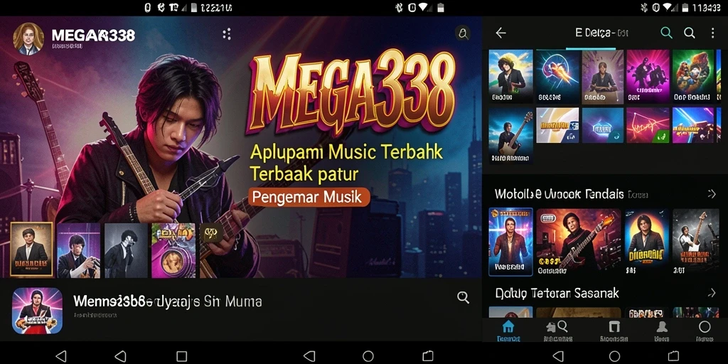 Tampilan utama MEGA338 dengan daftar lagu dan fitur interaktif.