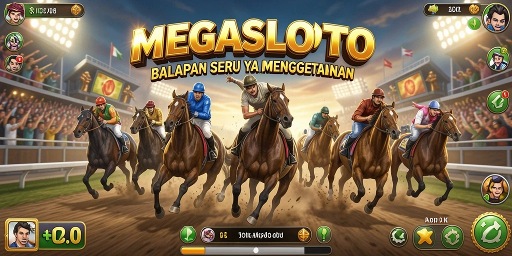 Screenshot dari gameplay seru MEGASLOTO yang menampilkan balapan mendebarkan.