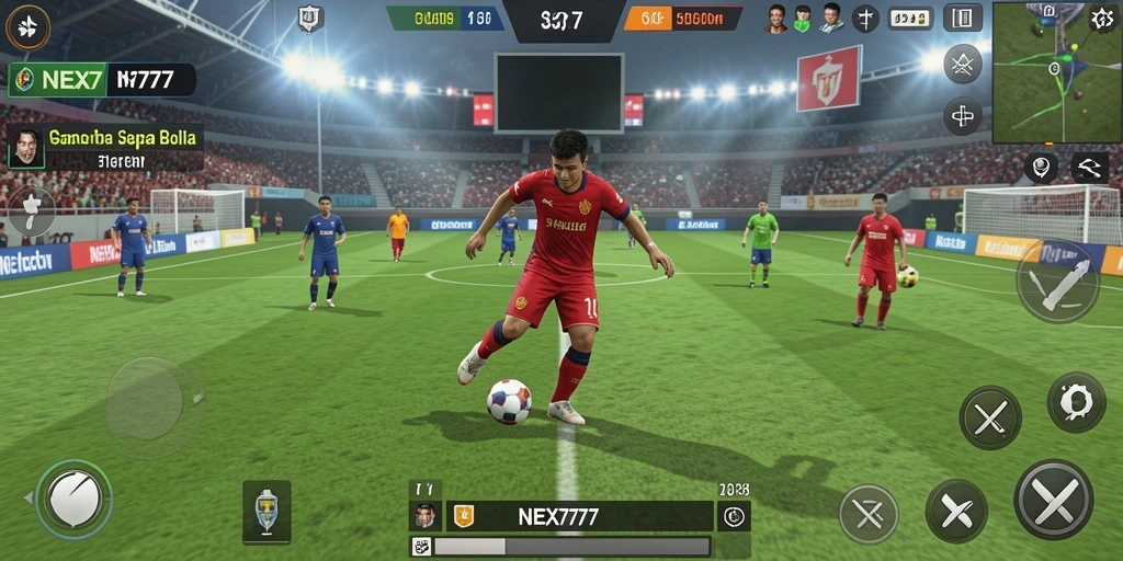 Tangkapan layar NEX777 menampilkan aksi permainan sepak bola yang intens.