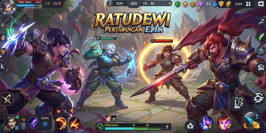 Tampilan pertarungan epik dalam RATUDEWI di arena MOBA.