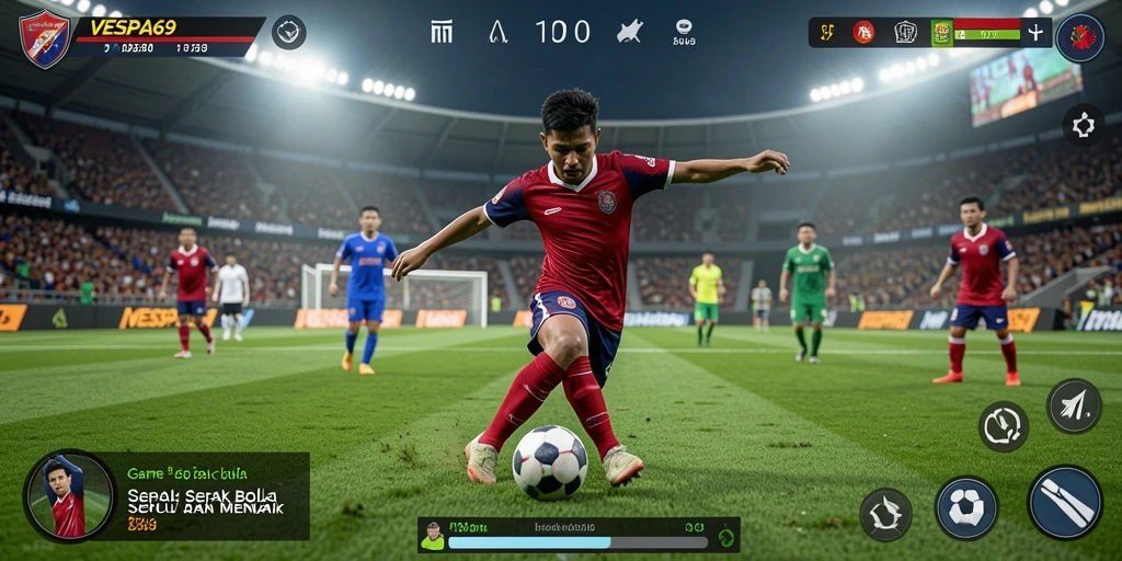 Tangkapan layar utama VESPA69 menunjukkan aksi seru dalam permainan sepak bola.