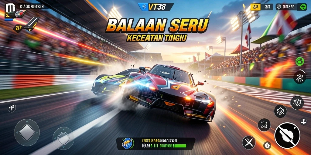 Screenshot utama VT38 menampilkan balapan seru dengan mobil yang meluncur cepat di trek.